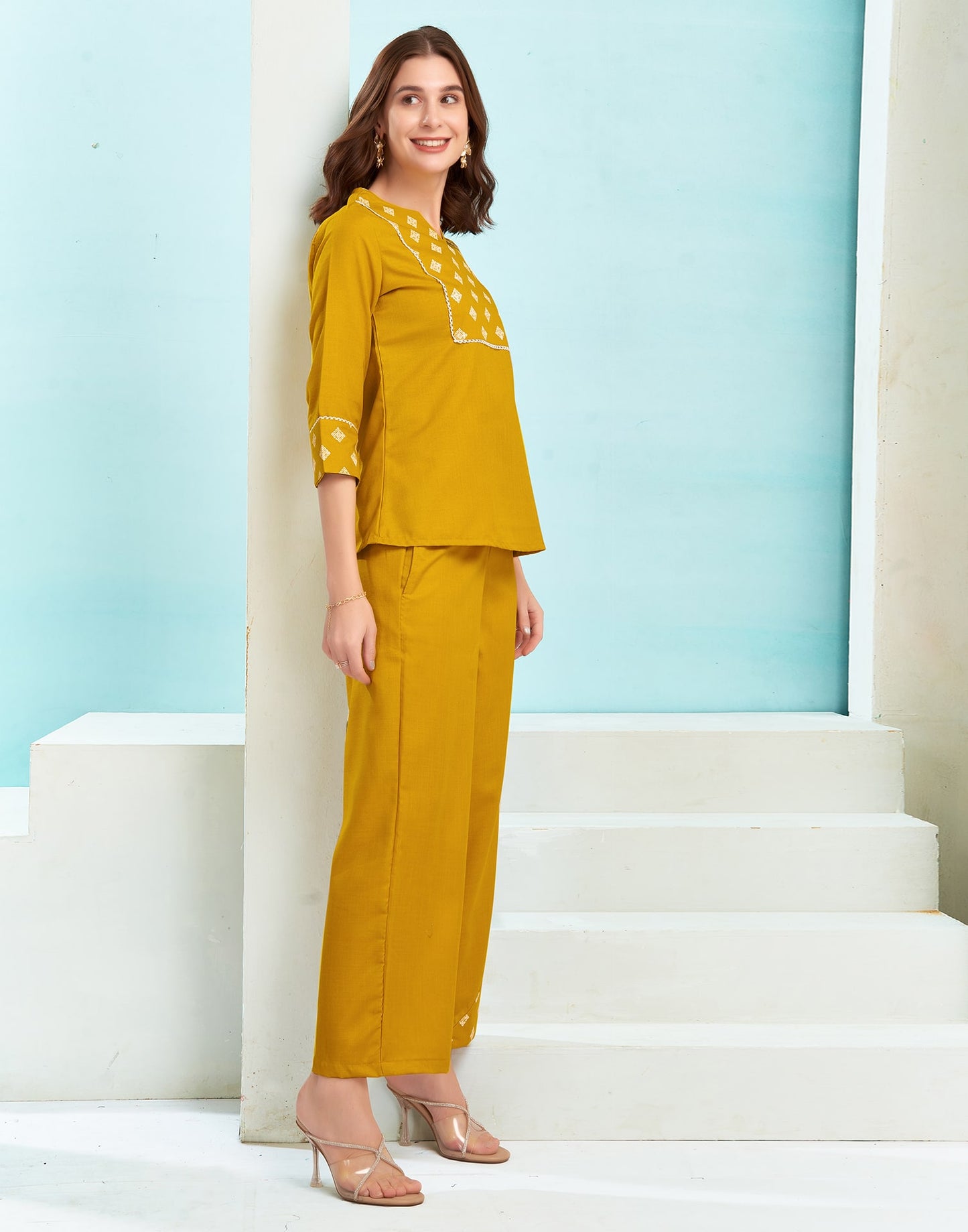 Cotton Blend Printed V-Neck Co-ord Set