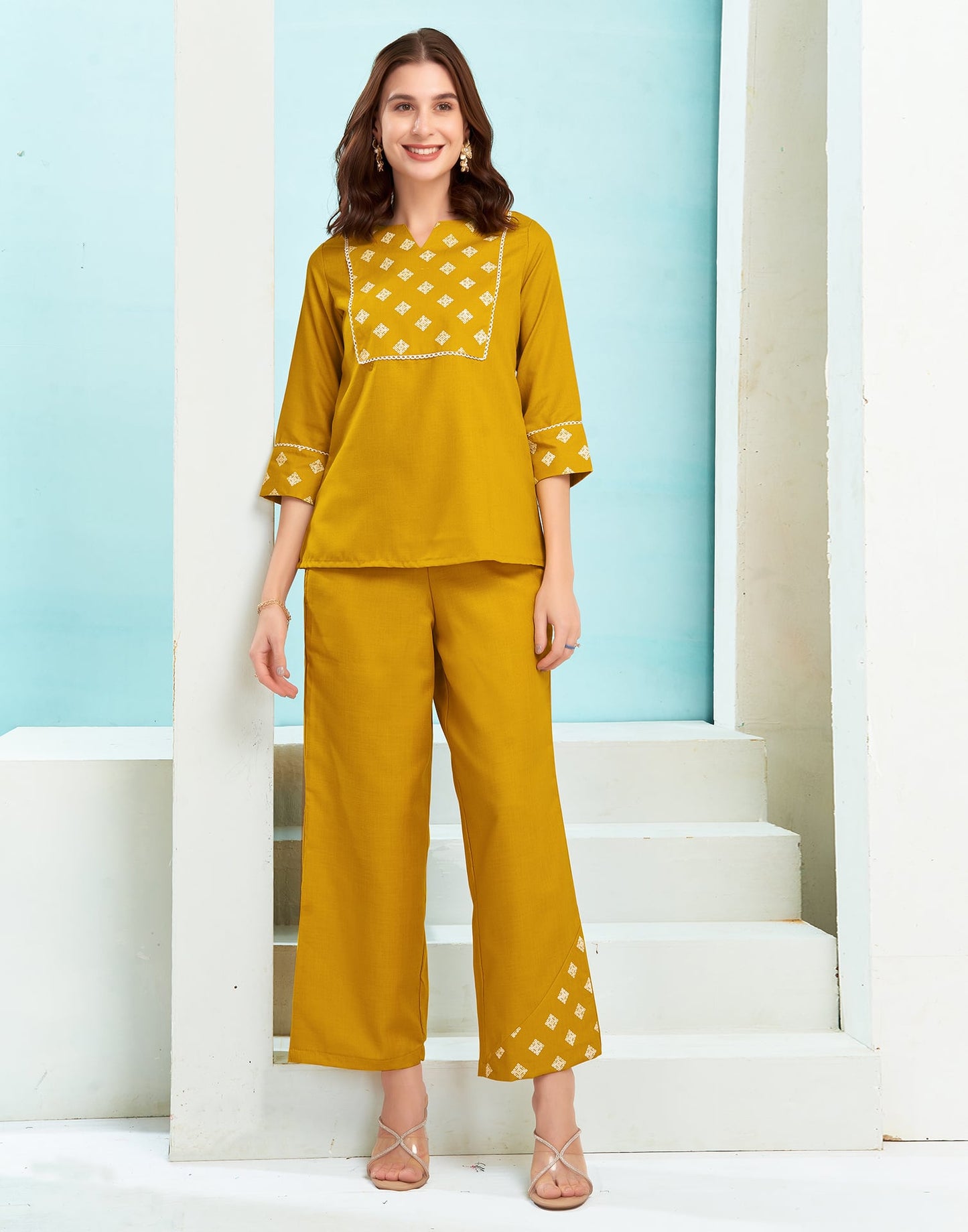 Cotton Blend Printed V-Neck Co-ord Set