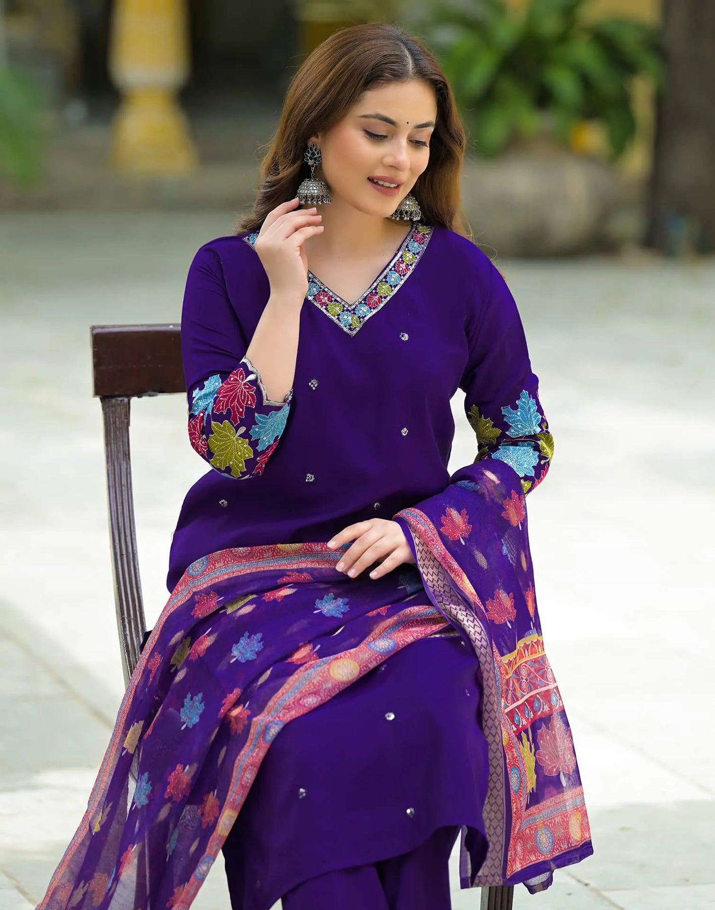 Silk Straight Embroidery V-Neck Kurta with Pant & Dupatta