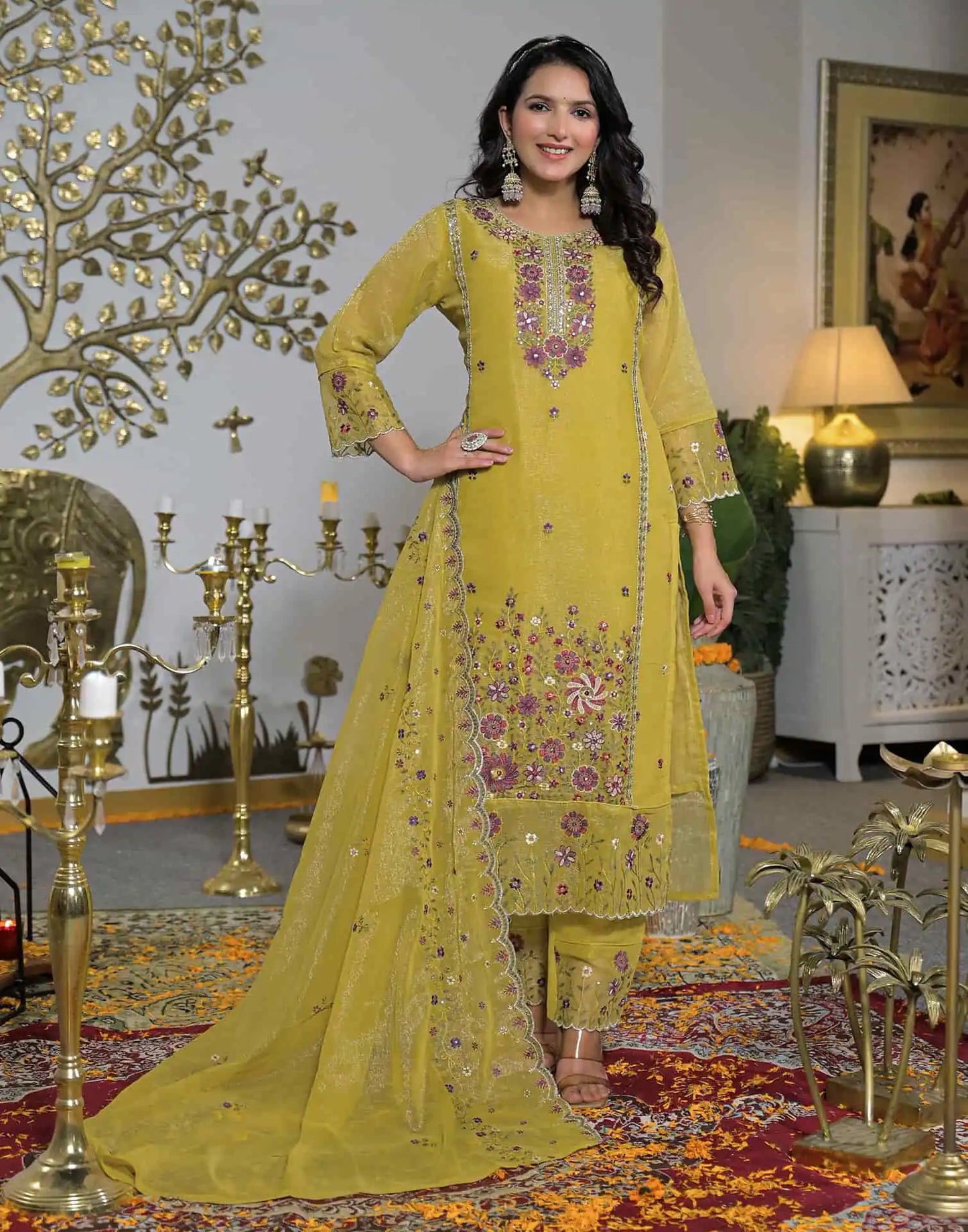 Shimmer Chiffon Straight Embroidery Round Neck Kurta with Pant & Dupatta