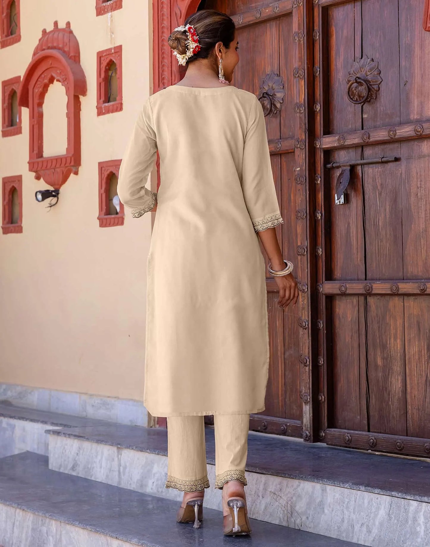 Beige Silk Embroidered and Sequins Work Straight Kurta Set with Pant & Dupatta for Women