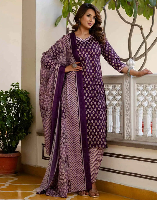 Cotton Blend Printed Lace Straight Kurta with Pant & Dupatta