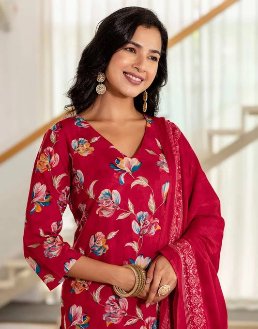 Red Cotton Printed Straight Kurta Set with Pant & Dupatta for Wome Casual & Daily Wear Floral Design Under 799