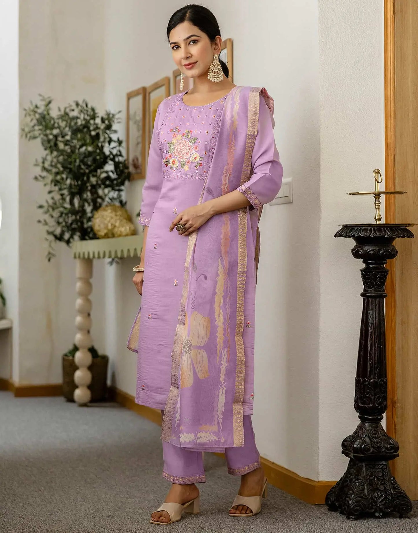 skylee Affordable Purple Silk Embroidered Round-Neck Straight Kurti with Pant & Dupatta under 999