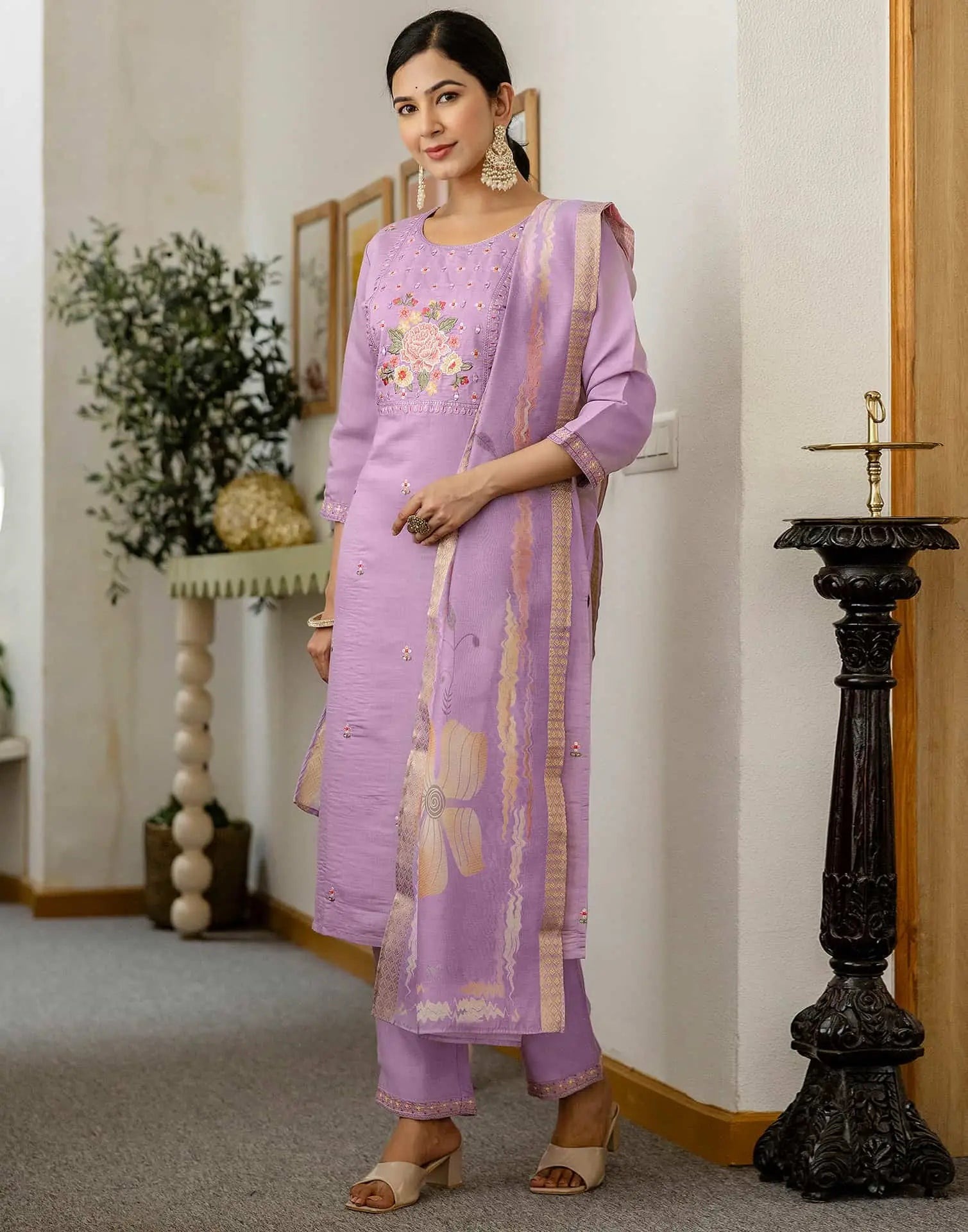 skylee Affordable Purple Silk Embroidered Round-Neck Straight Kurti with Pant & Dupatta under 999