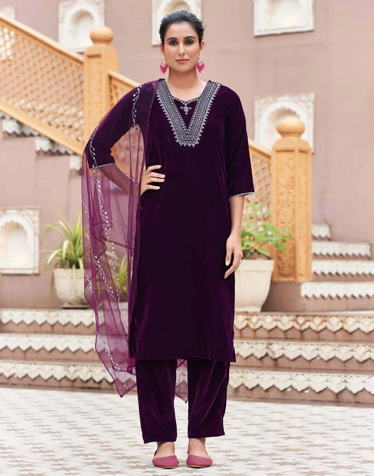 Velvet Sequins, Embroidery and Gota Lace Straight Kurta with Pant & Dupatta