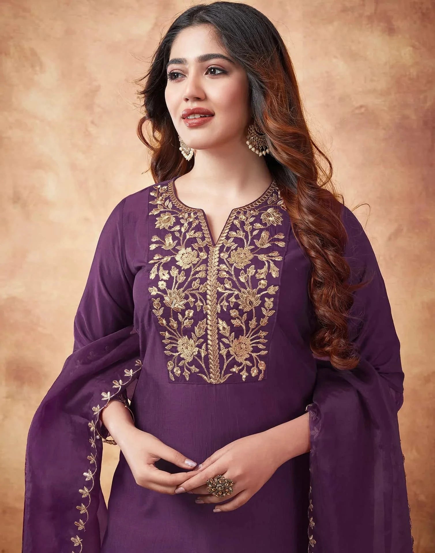 Wine V Neck Stylish Kurta Set Dupatta with dupatta 