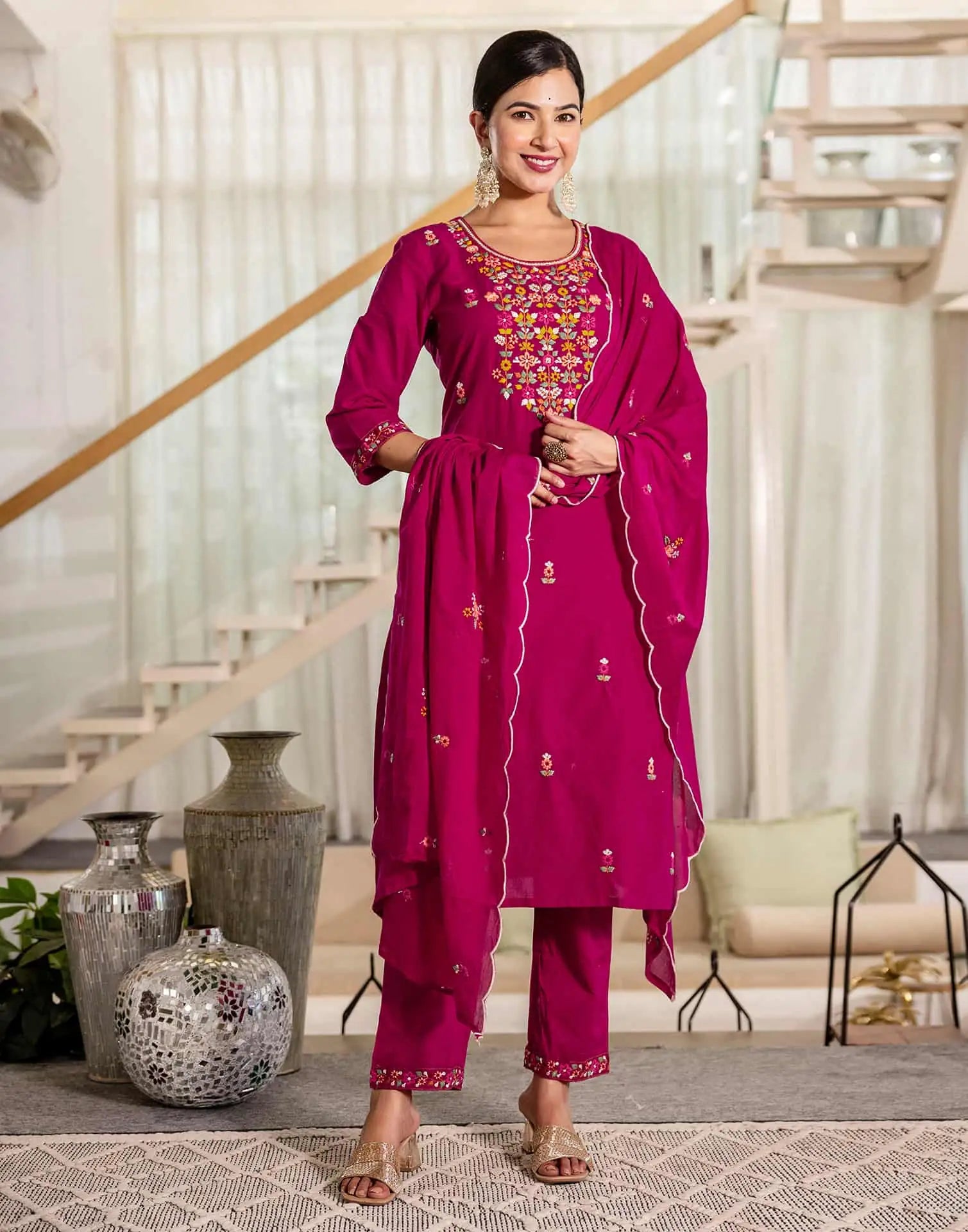 Skylee Pink Cotton Embroidered Straight Kurta with Pant & Dupatta