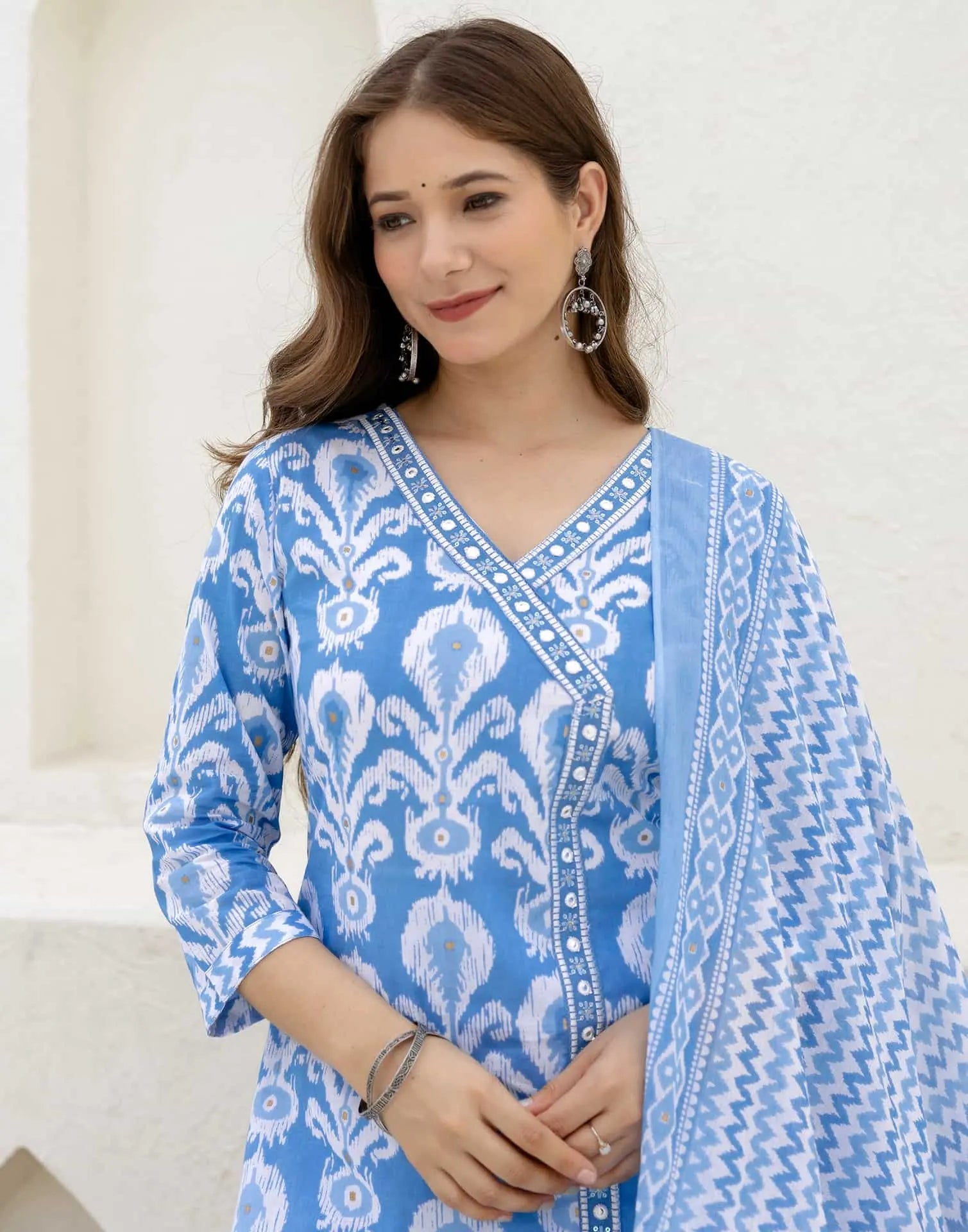 Cotton Straight Printed V-Neck Kurta with Pant & Dupatta