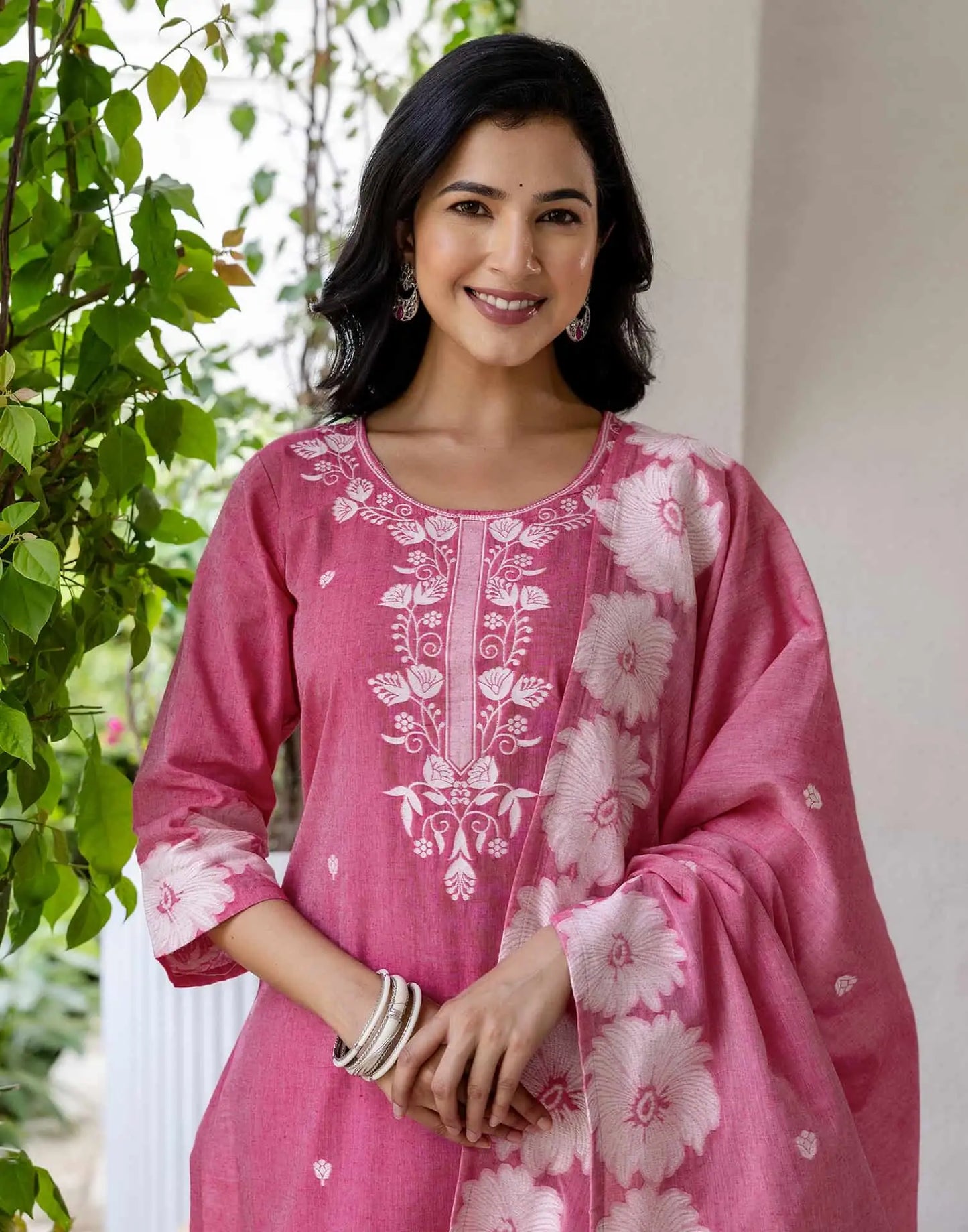 Cotton Straight Woven Design Round Neck Kurta with Pant & Dupatta