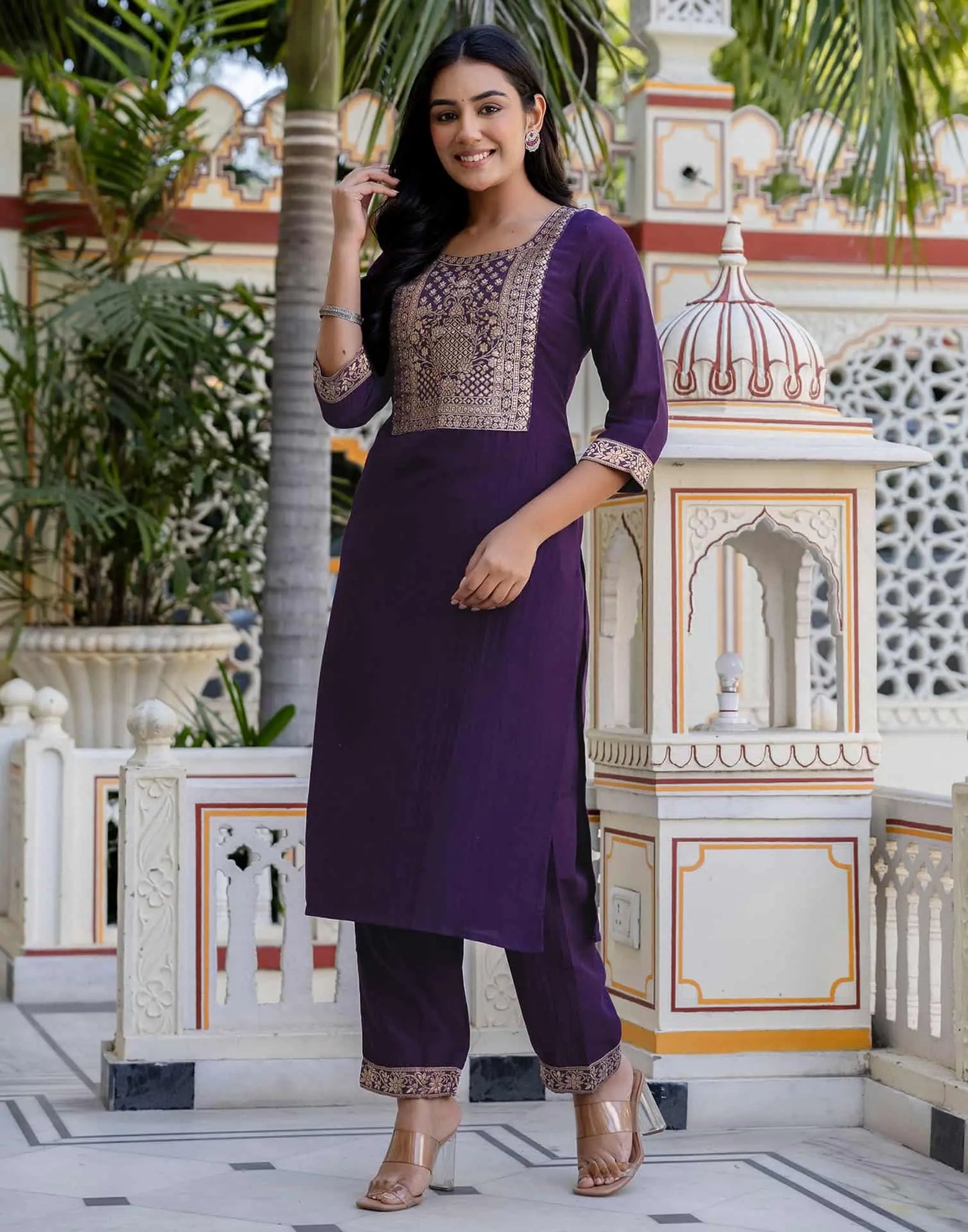 Silk Blend Weaving and Lace Straight Kurta with Pant & Dupatta