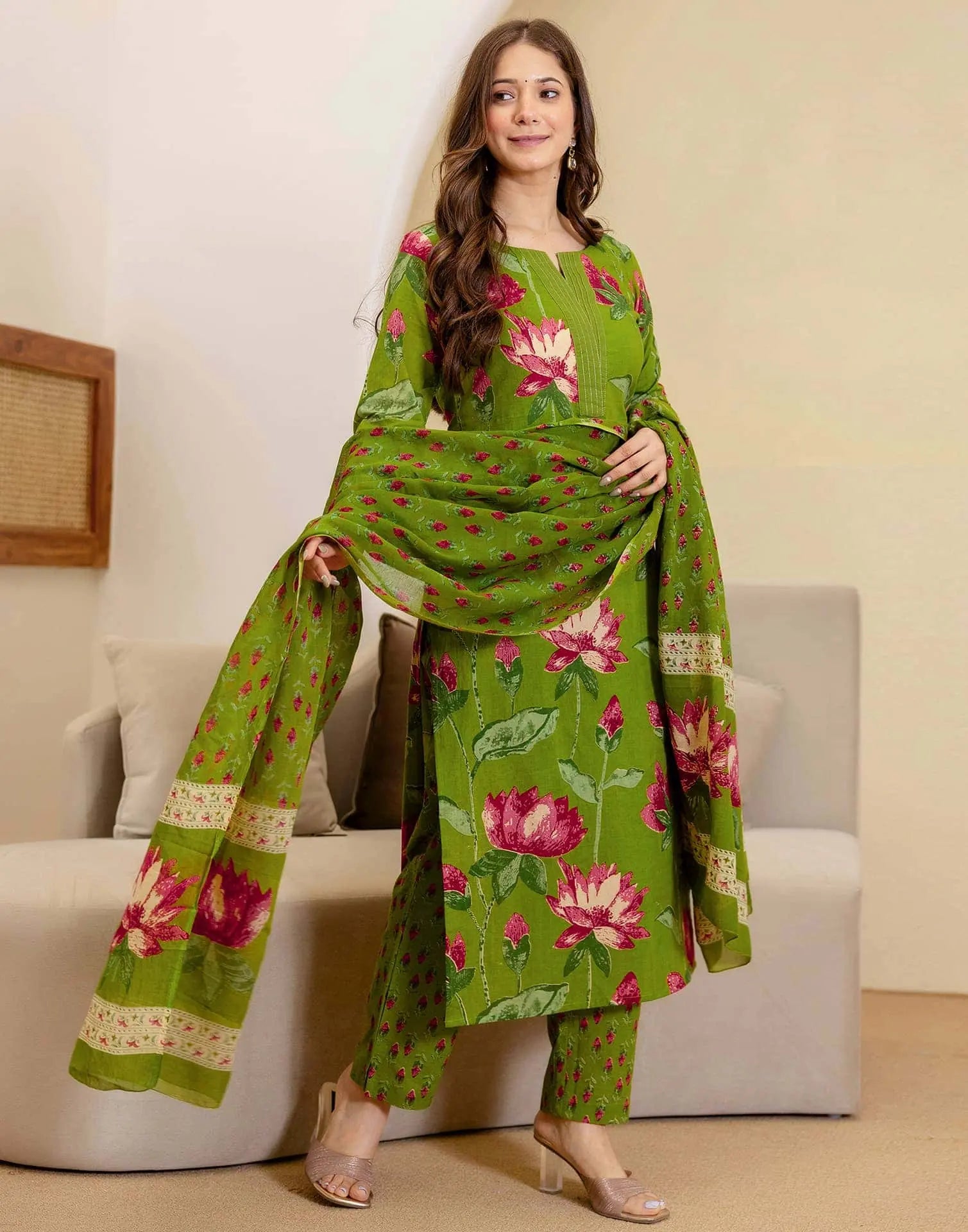 Cotton Printed Straight Kurta with Pant & Dupatta