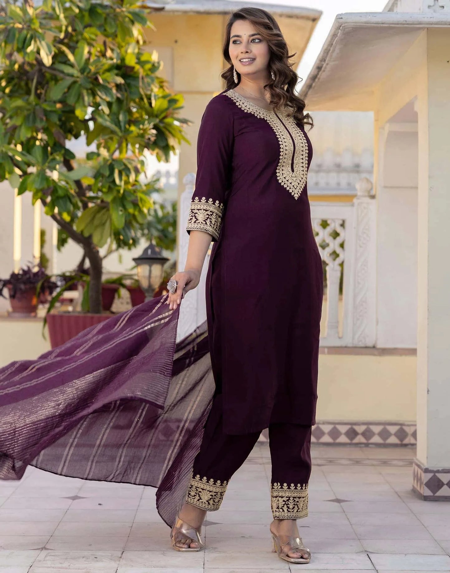 Silk Embroidery Straight Kurta with Pant & Dupatta