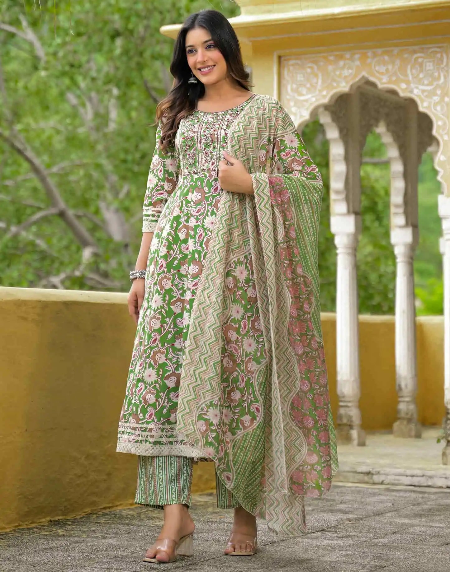 Cotton Anarkali Printed Round Neck Kurta with Pant & Dupatta
