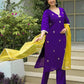 Affordable Purple Silk Embroidered Straight Kurta Set V-Neck Silk Kurti with Pant & Dupatta