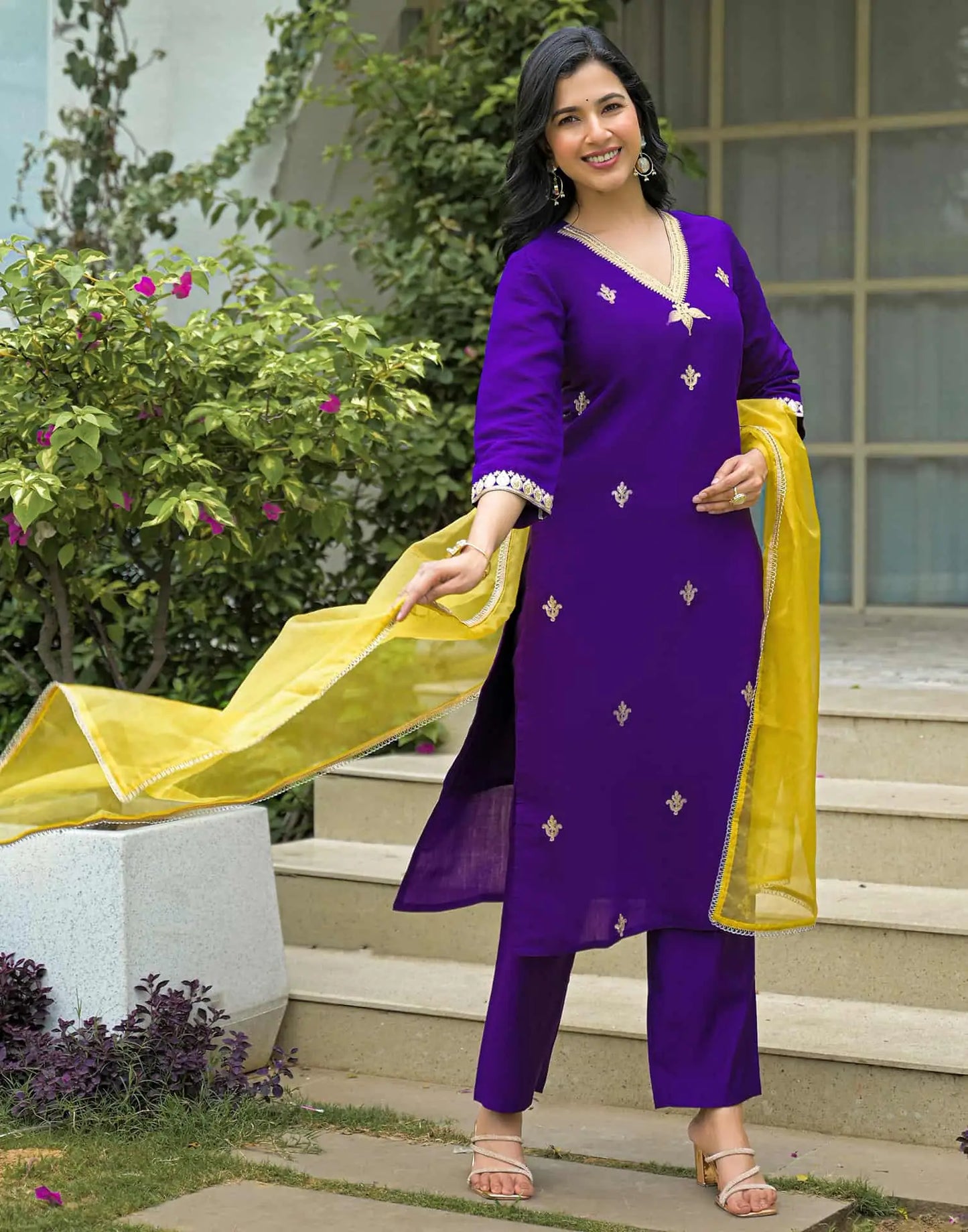 Affordable Purple Silk Embroidered Straight Kurta Set V-Neck Silk Kurti with Pant & Dupatta