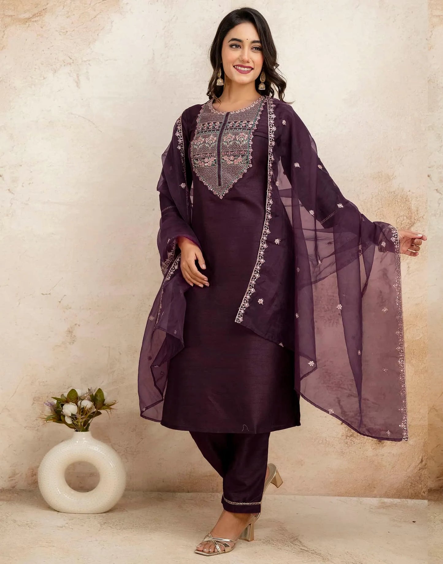 Purple Silk Sequence Embroidered Straight Kurta Set with Pant and Dupatta – Elegant Wedding & Festive Wear for Women