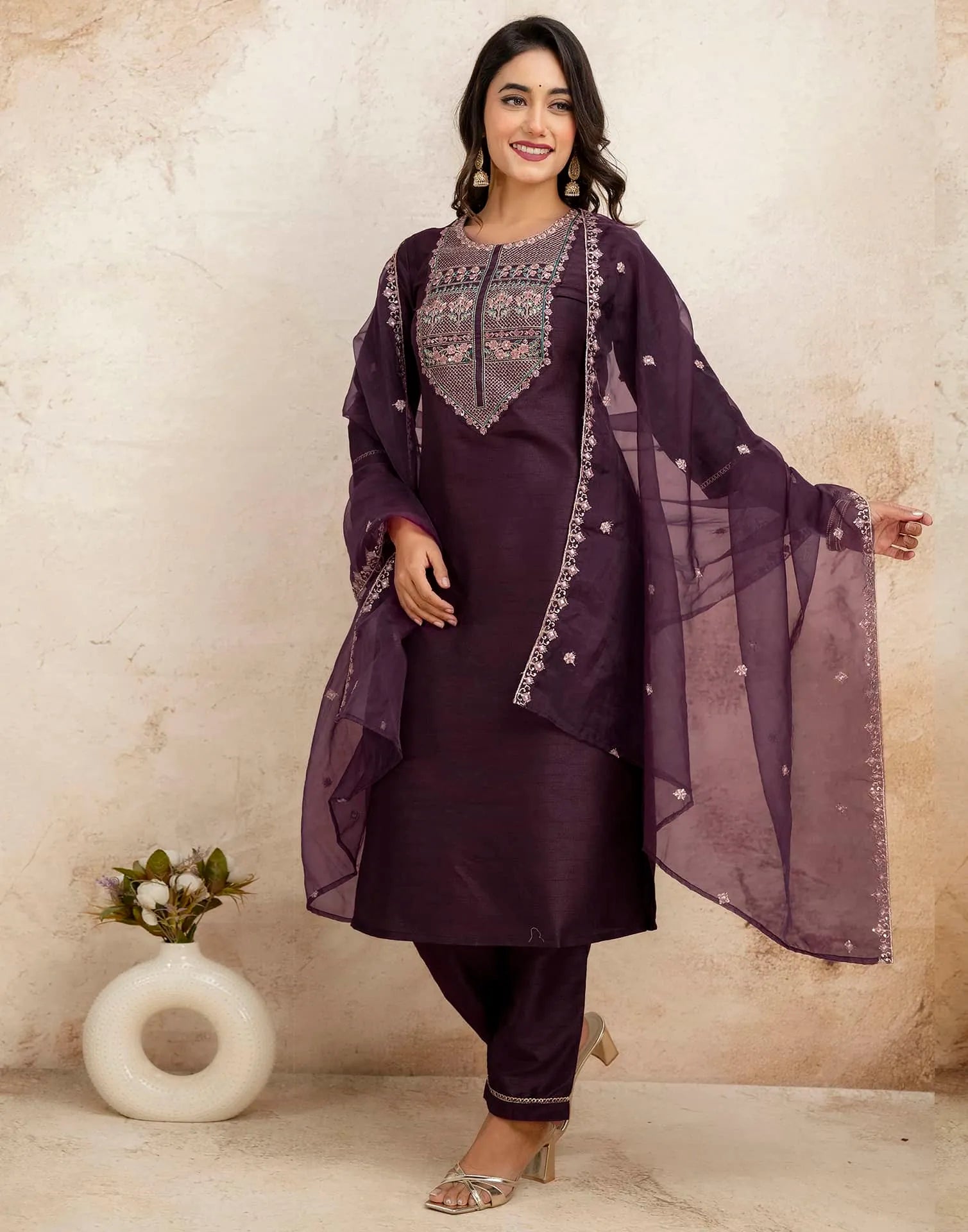 Purple Silk Sequence Embroidered Straight Kurta Set with Pant and Dupatta – Elegant Wedding & Festive Wear for Women