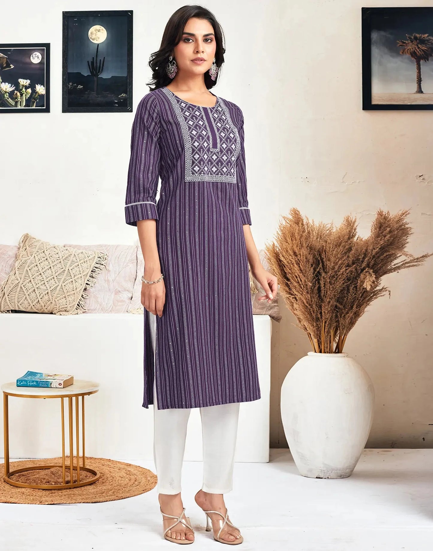 Cotton Embroidered Straight Round Neck Kurtis