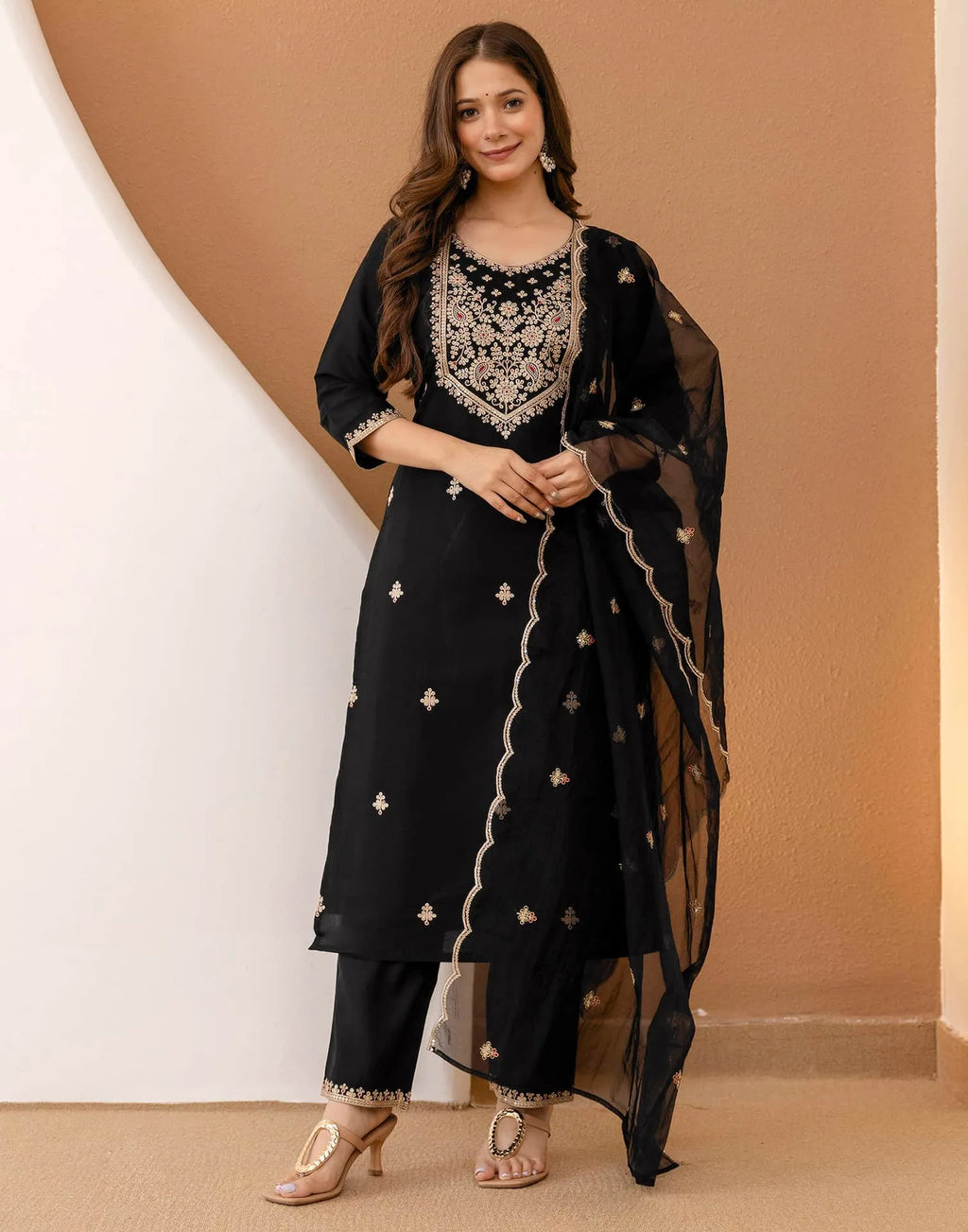 Skylee Silk Embroidered Straight 3 Piece Kurta Set For Woman