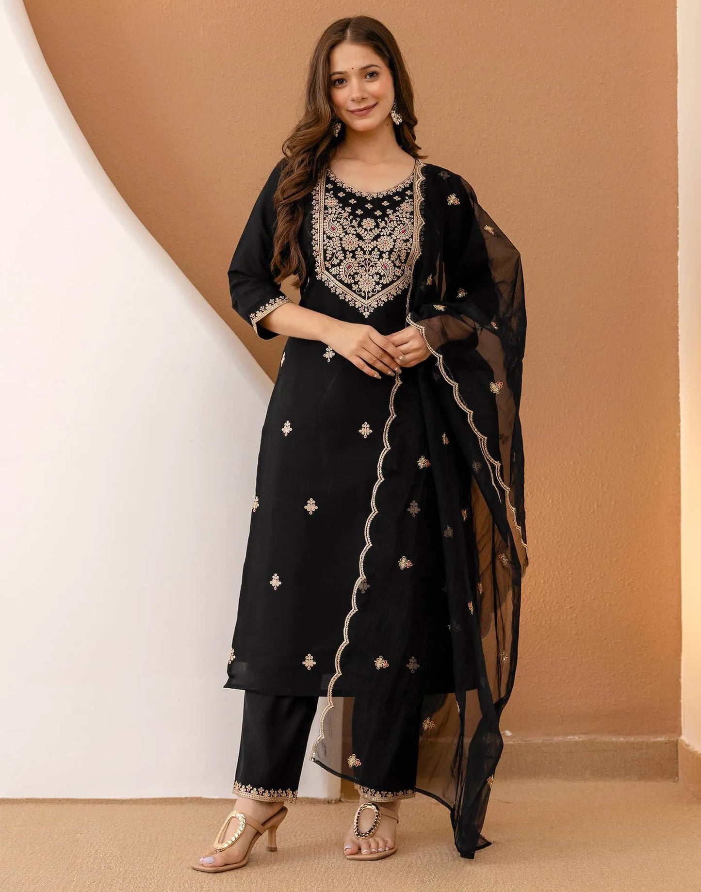 Silk Embroidered Straight Kurta with Pant & Dupatta