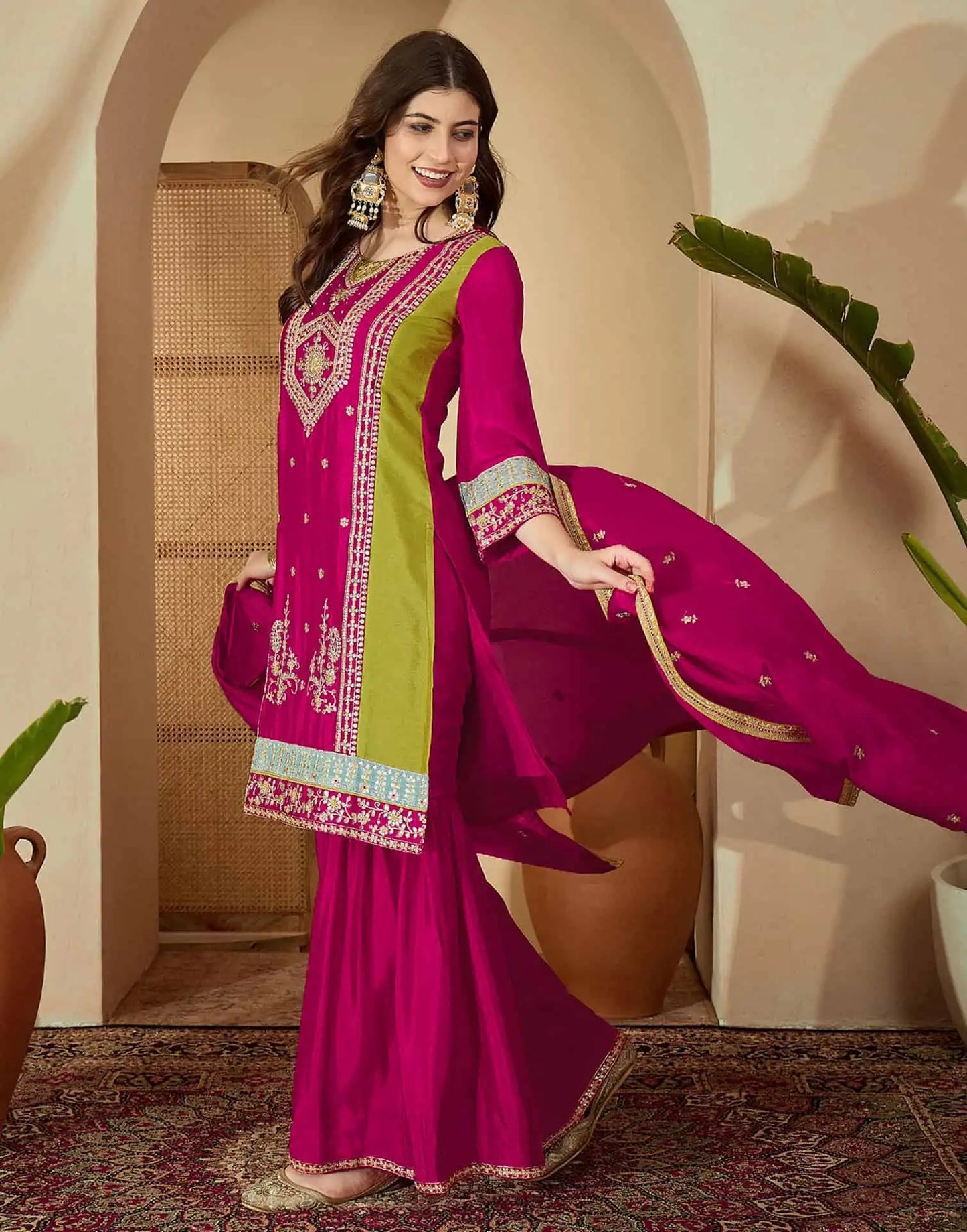 Silk Embroidered Straight Kurta with Pant & Dupatta