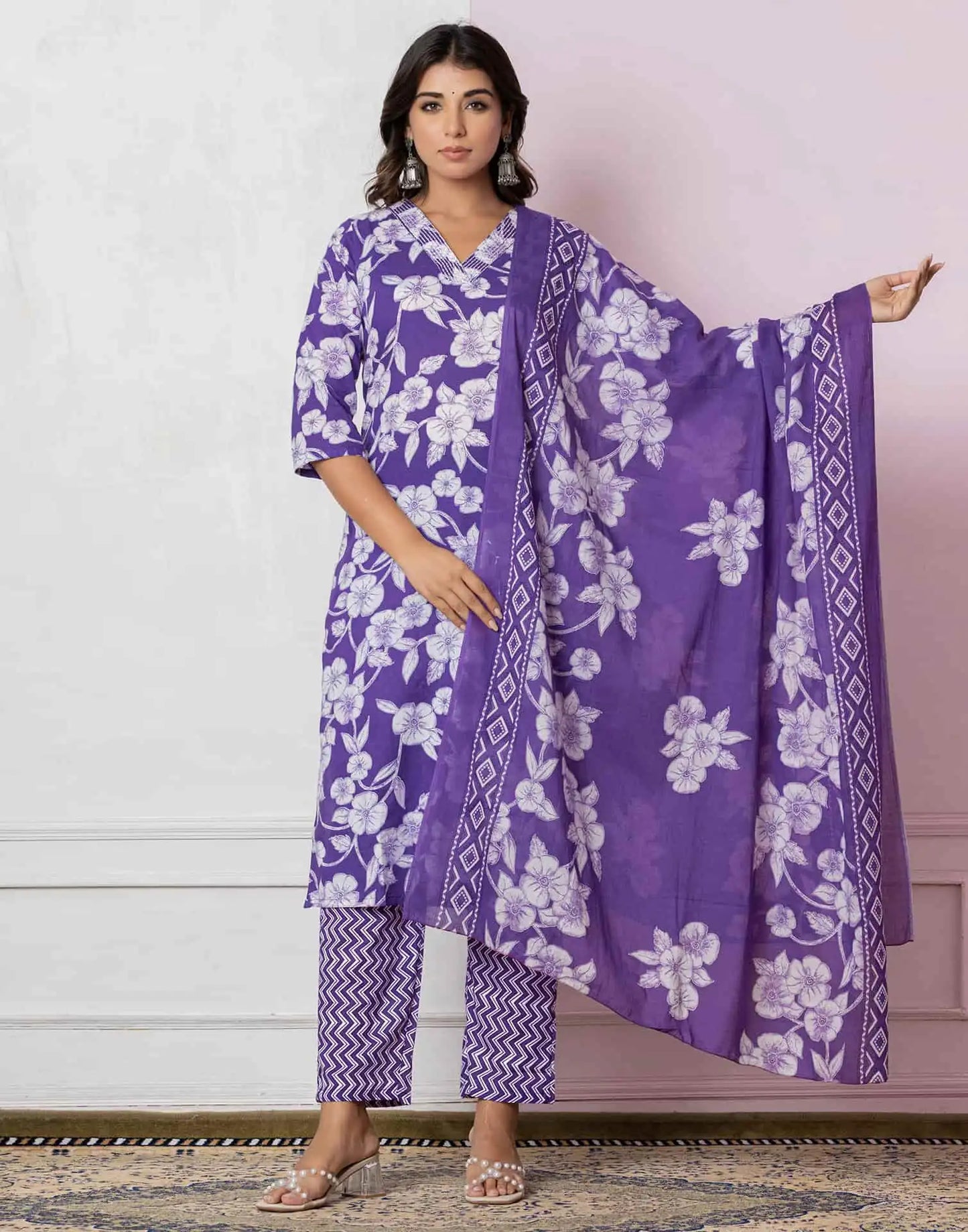 Affordable Purple Cotton Printed Straight Kurta Set under 799