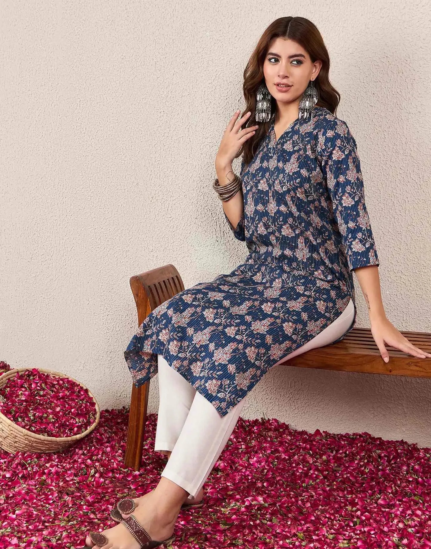 Cotton Embroidered Straight V-Neck Kurti
