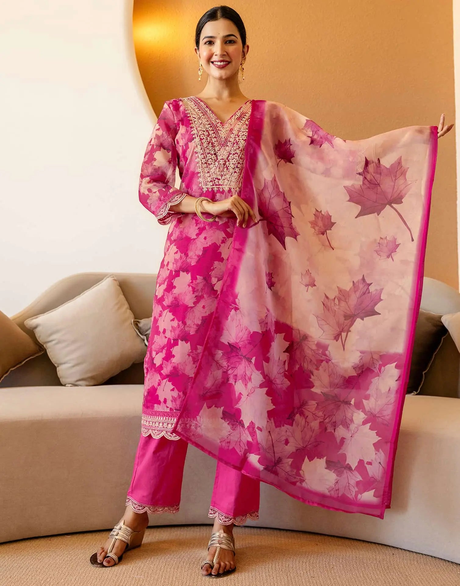 Pink Organza Printed Straight Kurta Set with Pant and Dupatta under 1299 