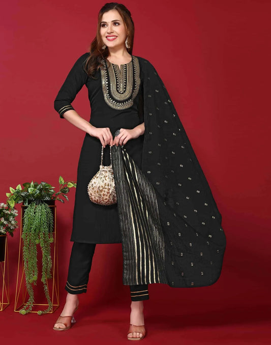 Affordable Black Rayon Embroidered Kurta Set with dupatta 