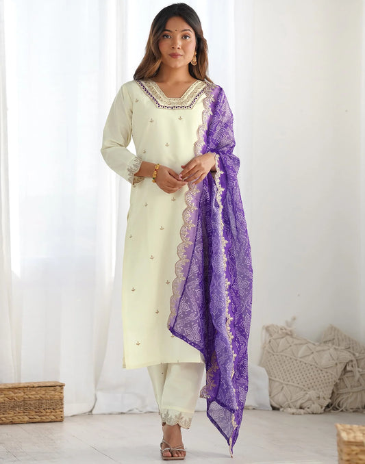 Silk Embroidery and Sequin Work Straight Kurta with Pant & Dupatta