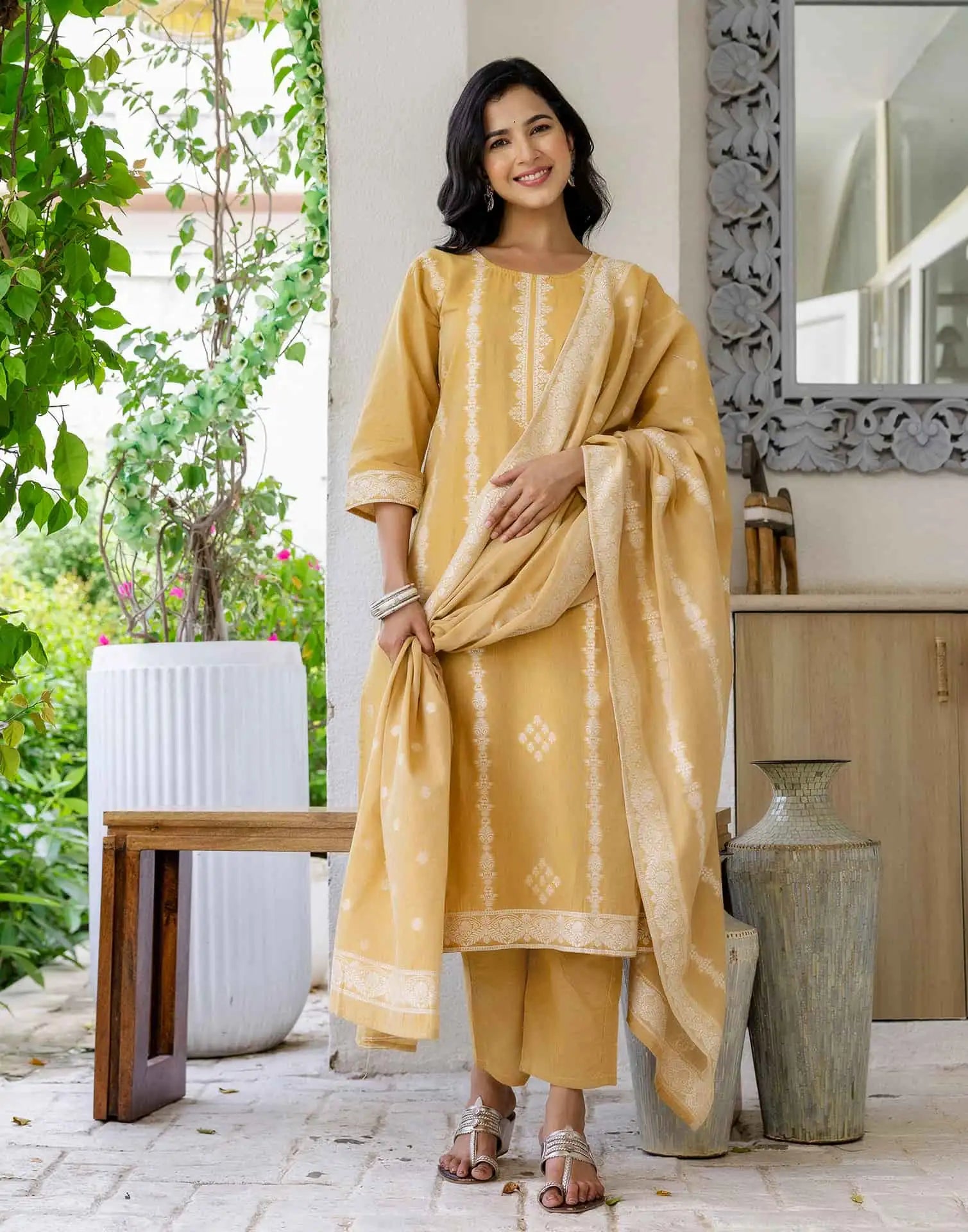 Yellow Cotton Straight Kurta Set with Pant and Dupatta under 1250 