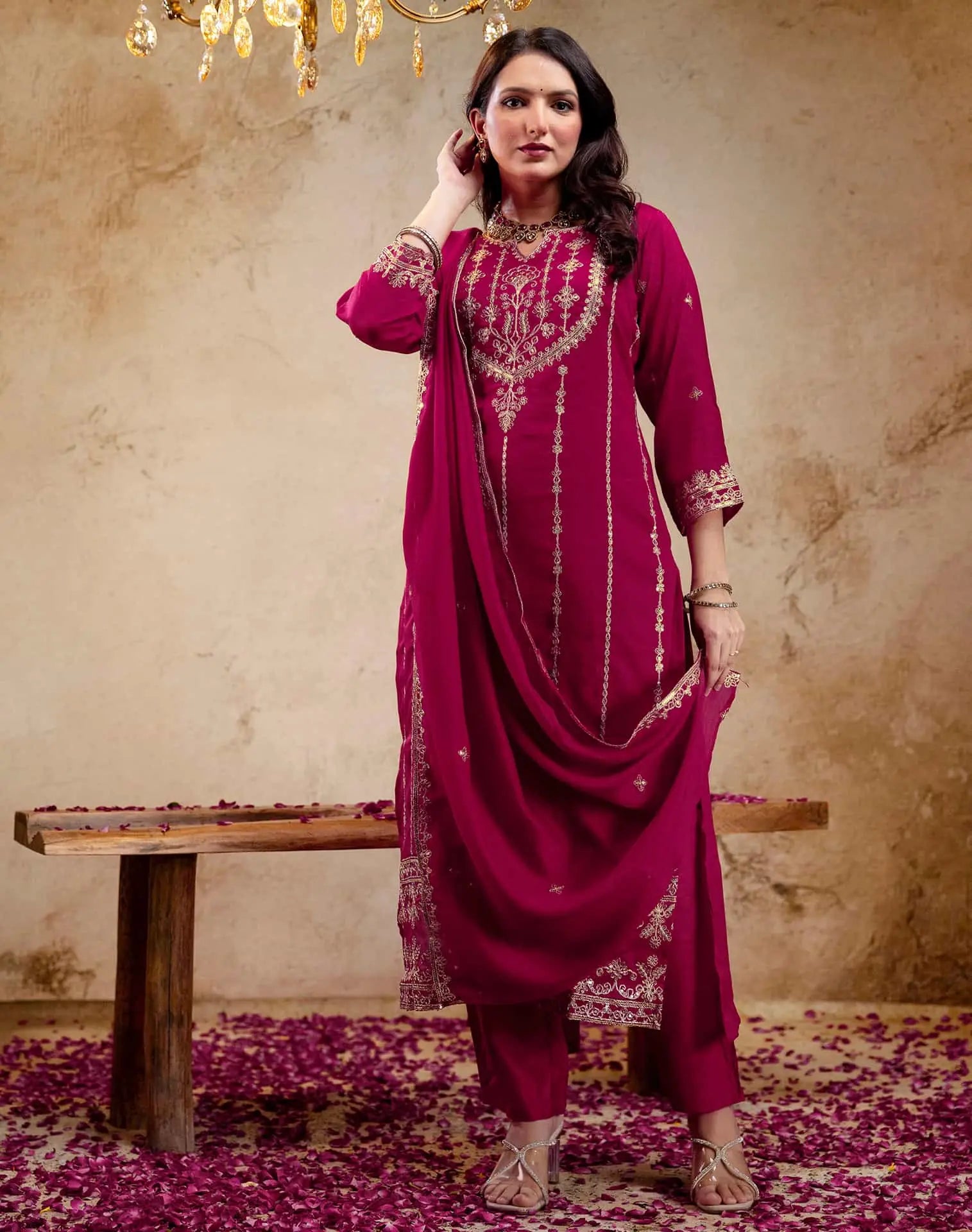 Pink Silk Embroidered Kurta Set with Pant & Dupatta