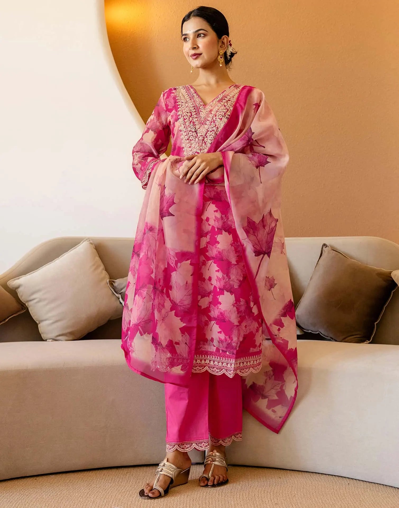 Pink Organza Printed Straight Kurta Set with Pant and Dupatta under 1299 