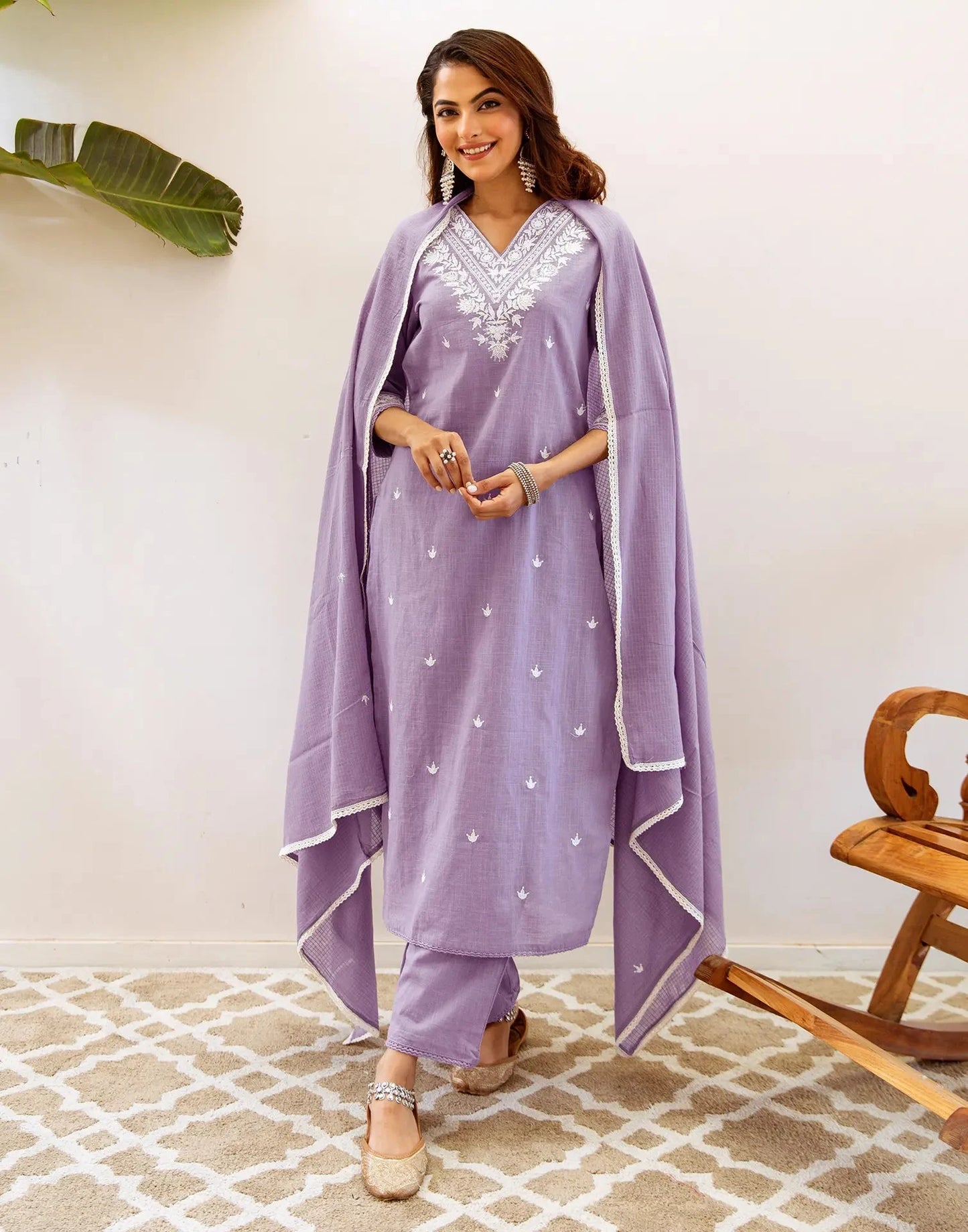 Cotton Embroidered V-Neck Straight Kurta with Pant & Dupatta
