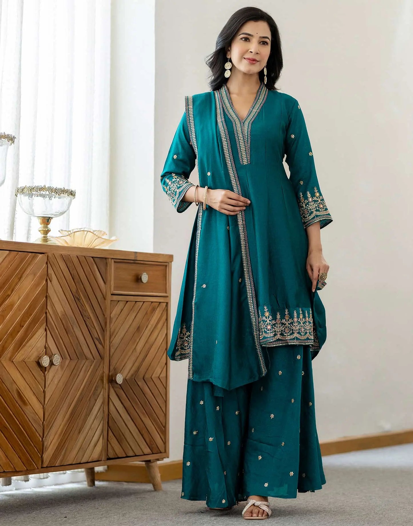 Silk Flared Embroidery V-Neck Kurta with Pant & Dupatta