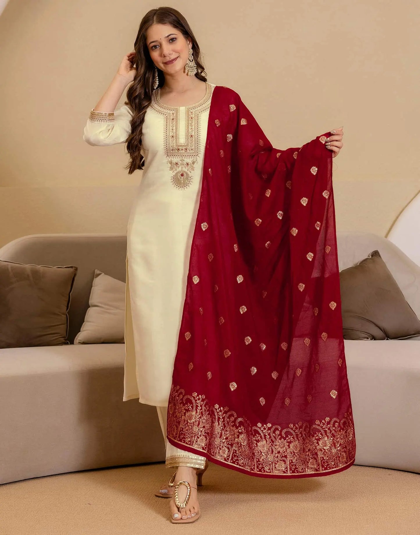 Affordable Beige Silk Embroidered Straight Kurta Set under 1299