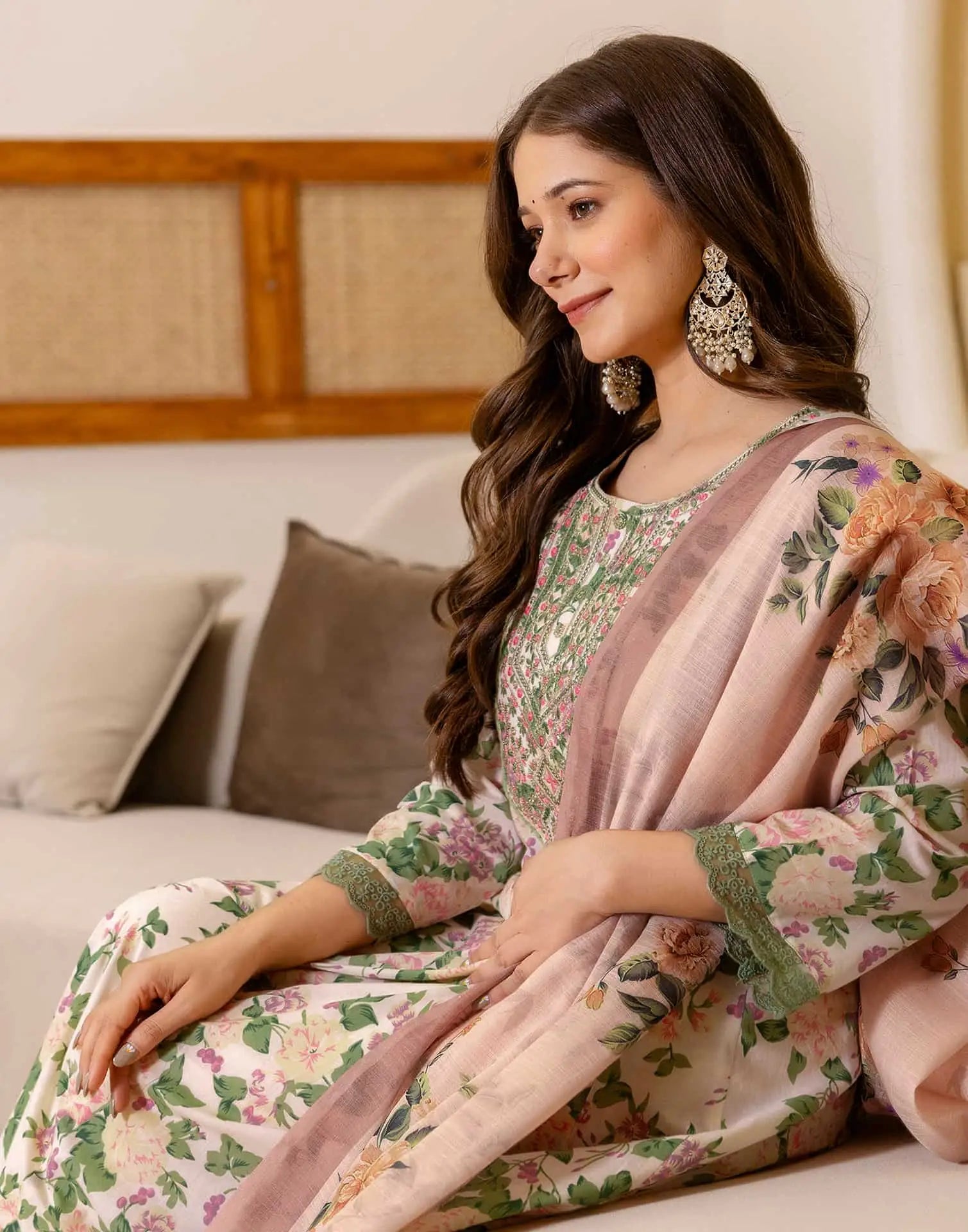 Skylee Cotton Floral Print Anarkali 3 Piece Kurta Set For Woman