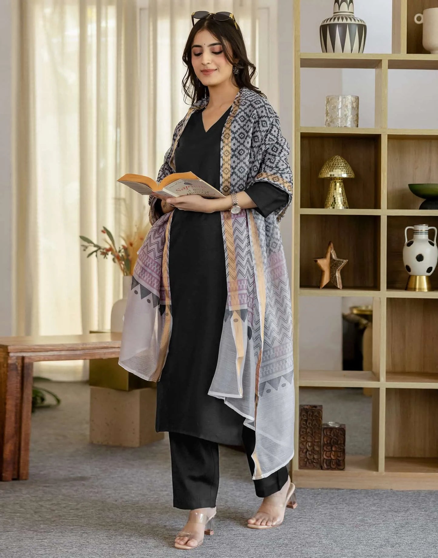 Affordable Black Cotton Blend Kurta Set with Pant & Dupatta for Women
