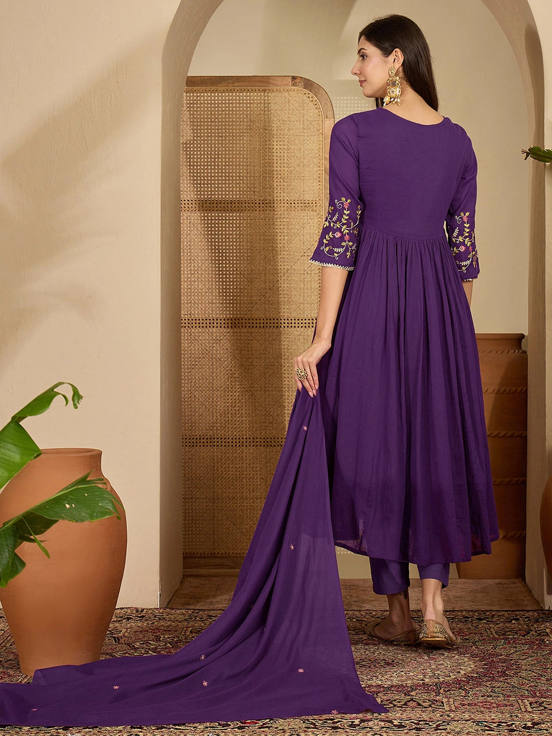 Cotton Embroidered Anarkali Kurta with Pant & Dupatta