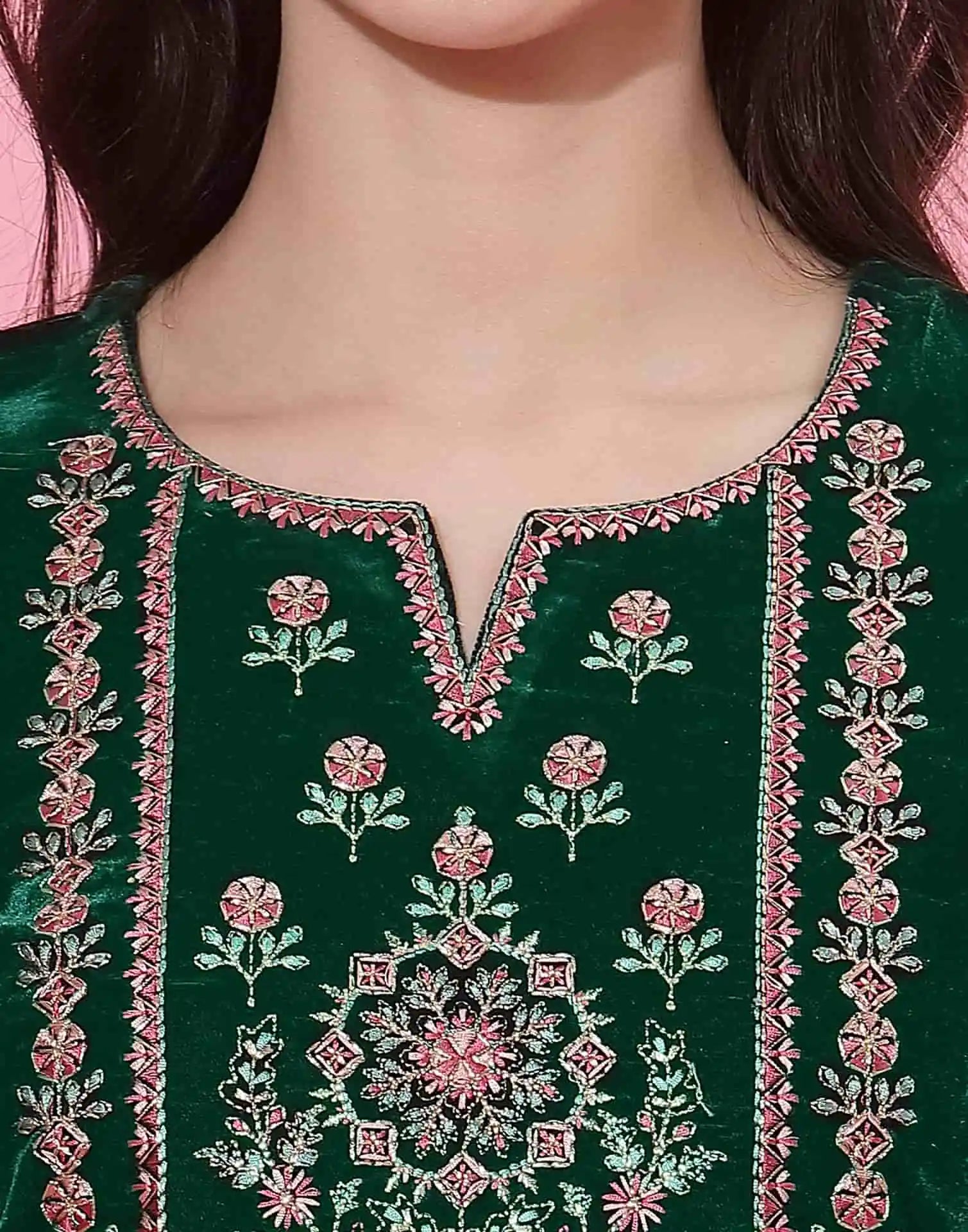 Dark Green Velvet Straight Kurta Set with Pants & Dupatta under 1000