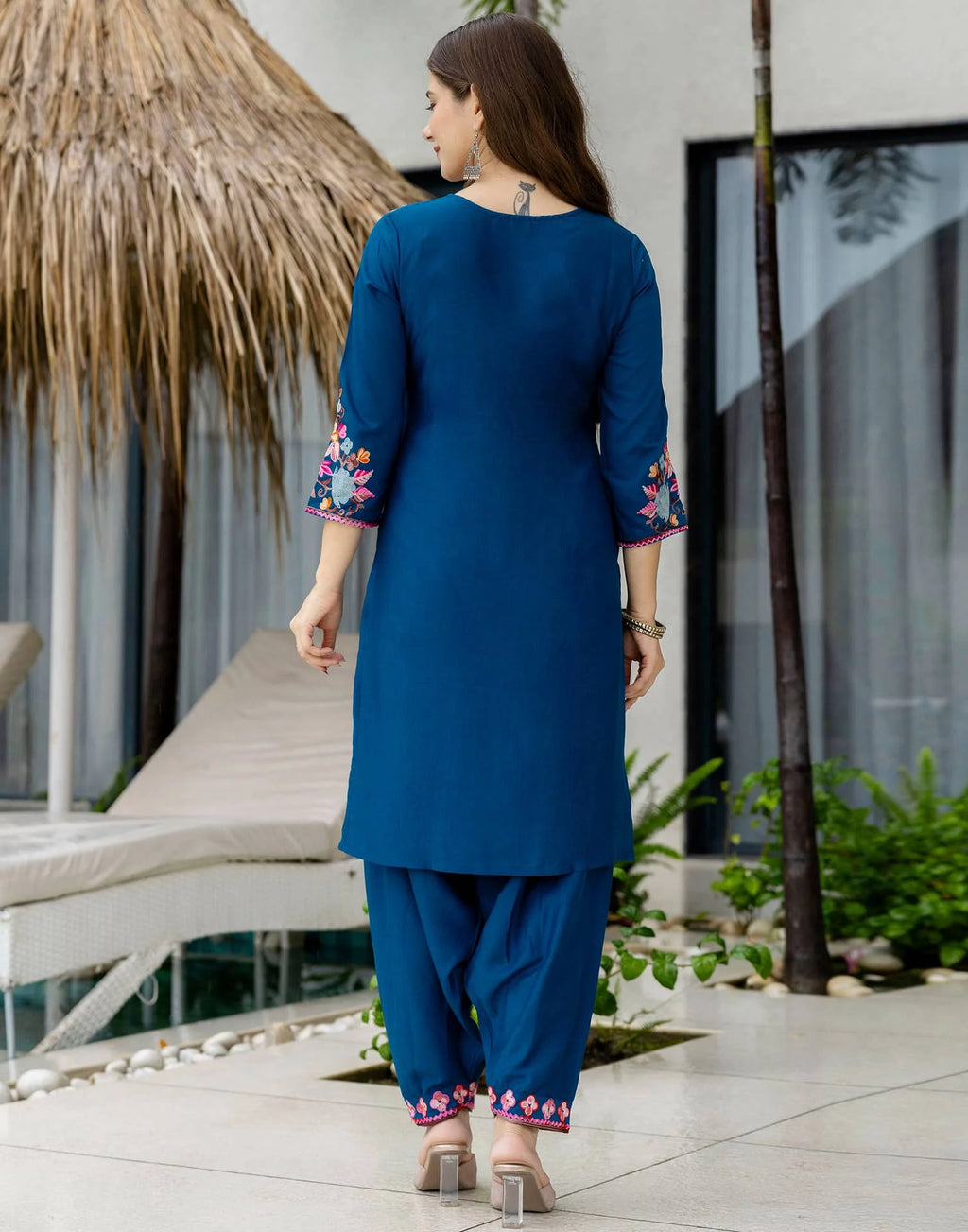 Skylee Poly Chinnon Embroidered Straight 3 Piece Kurta Set For Woman