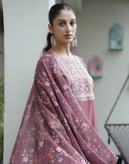 Silk Blend Embroidered Straight Kurta with Pant & Dupatta