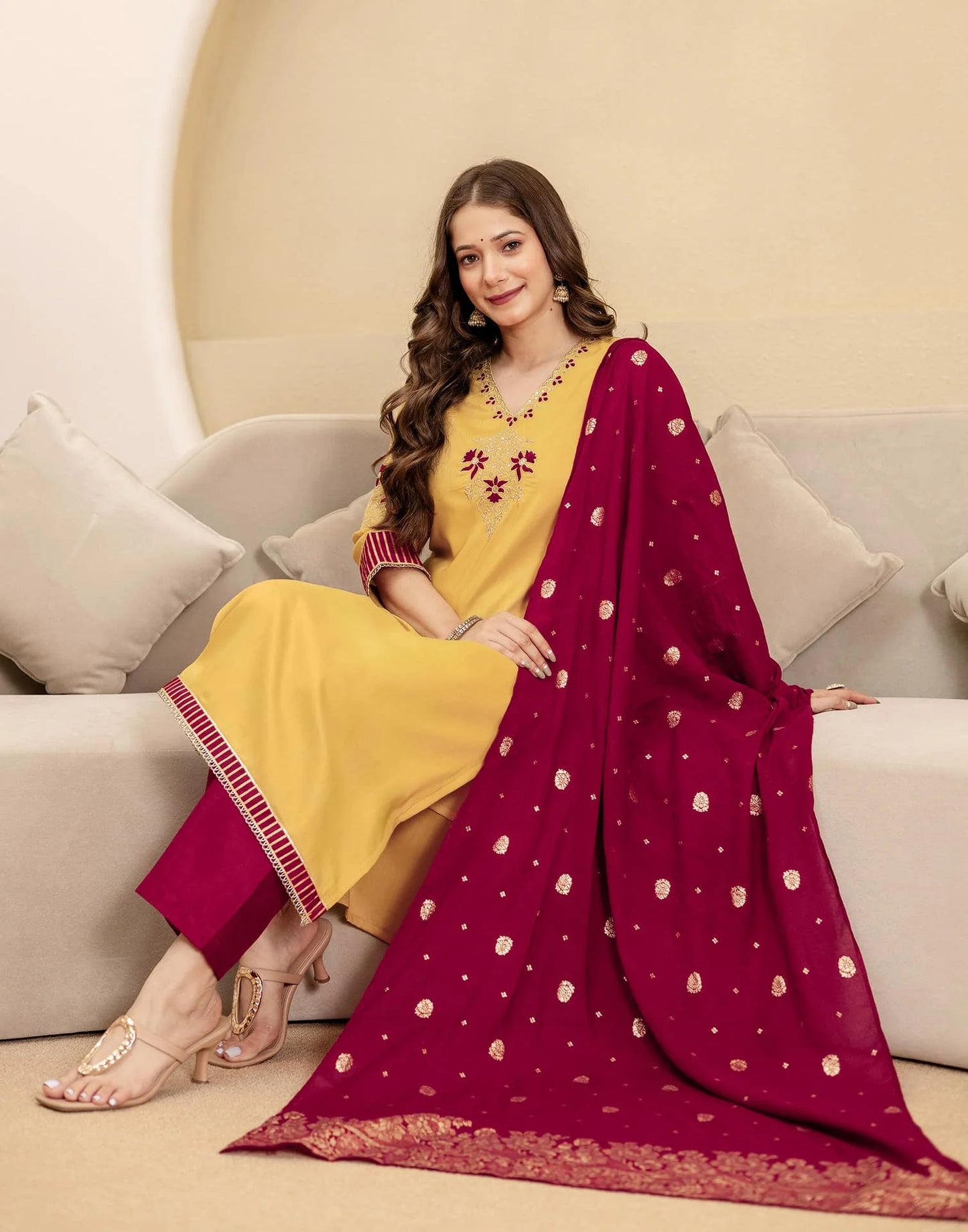 Silk Straight Embroidery V-Neck Kurta with Pant & Dupatta