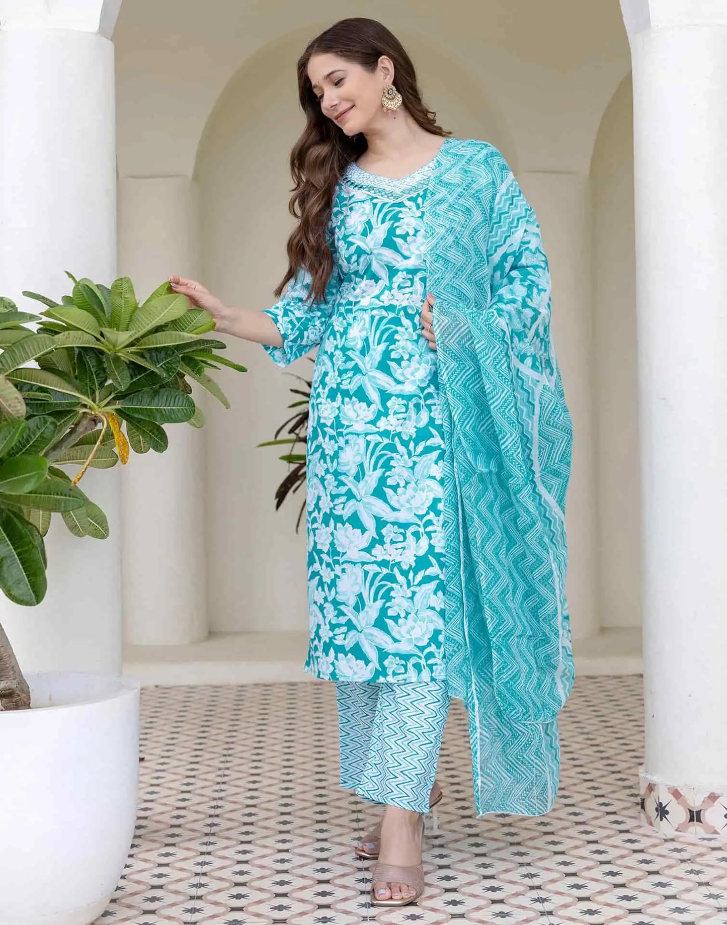 Cotton Printed Straight Kurta with Pant & Dupatta