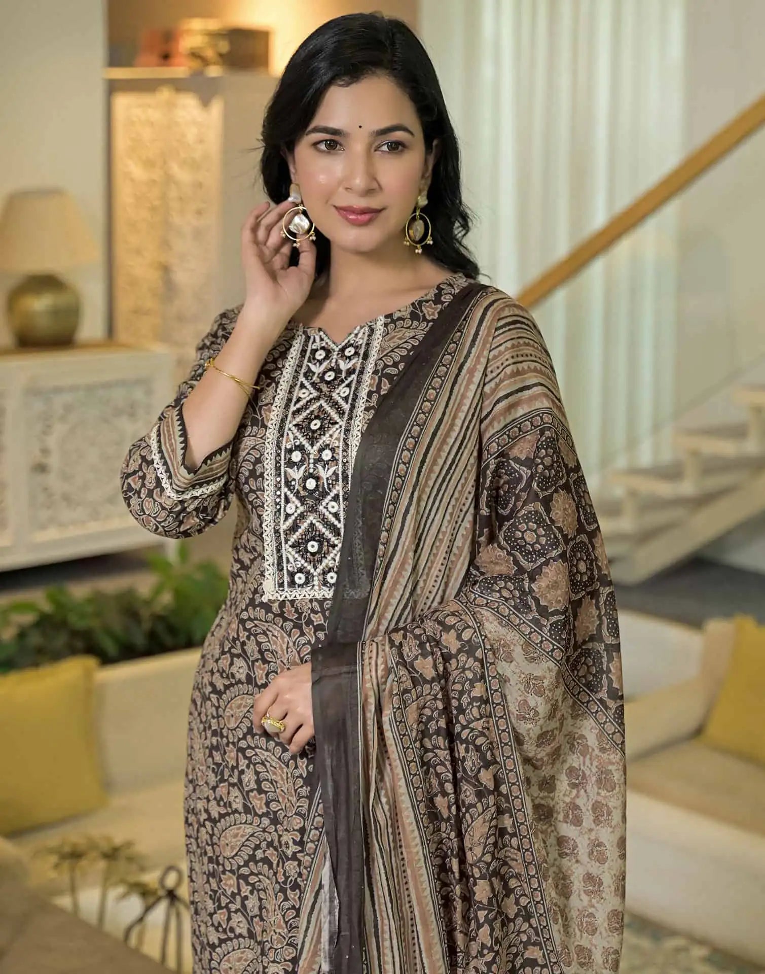 Affordable Brown Cotton Printed Straight Kurta Set under 799