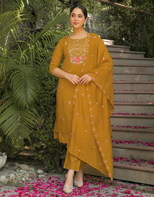 Silk Embroidered Straight Round Neck Kurta with Pant & Dupatta