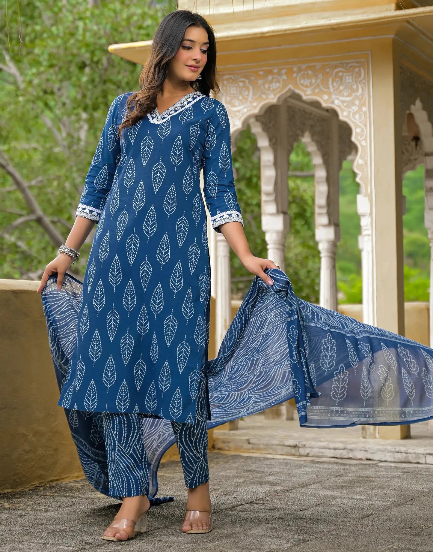 Cotton Printed V-Neck Straight Kurta with Pant & Dupatta
