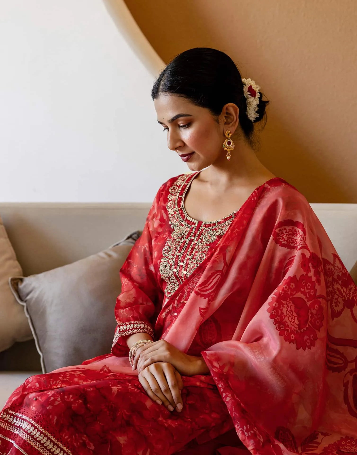 Red Organza Printed Straight Kurta Set with Pant & Dupatta for Women  Festive & Karwa Chauth Special