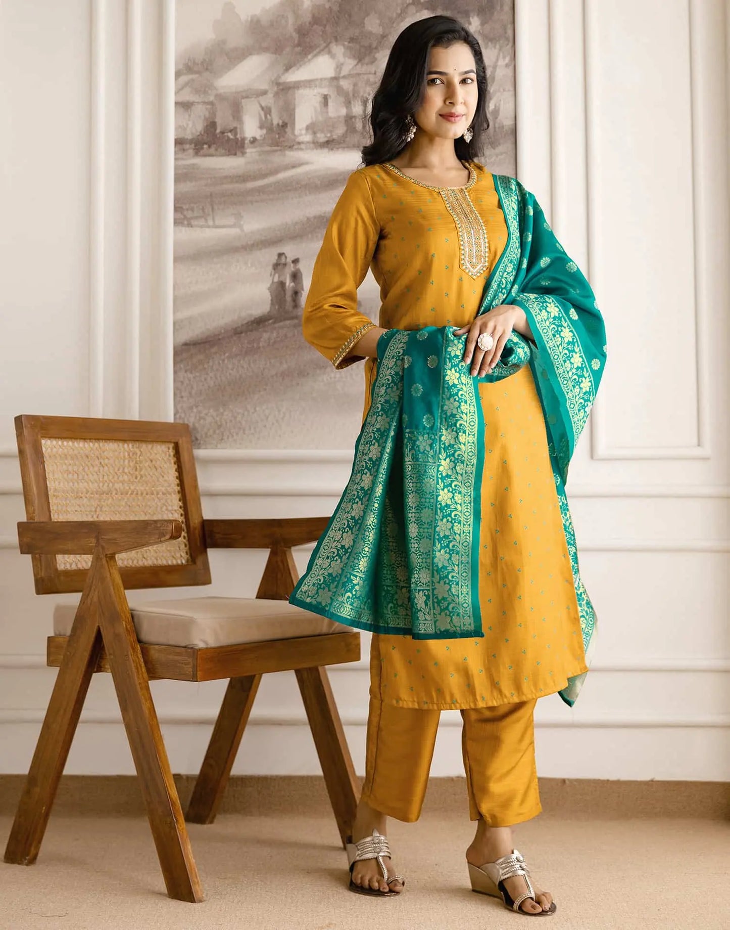 Yellow Silk Embroidered Straight Kurta Set with Pant & Dupatta. is perfect for weddings, festive occasions